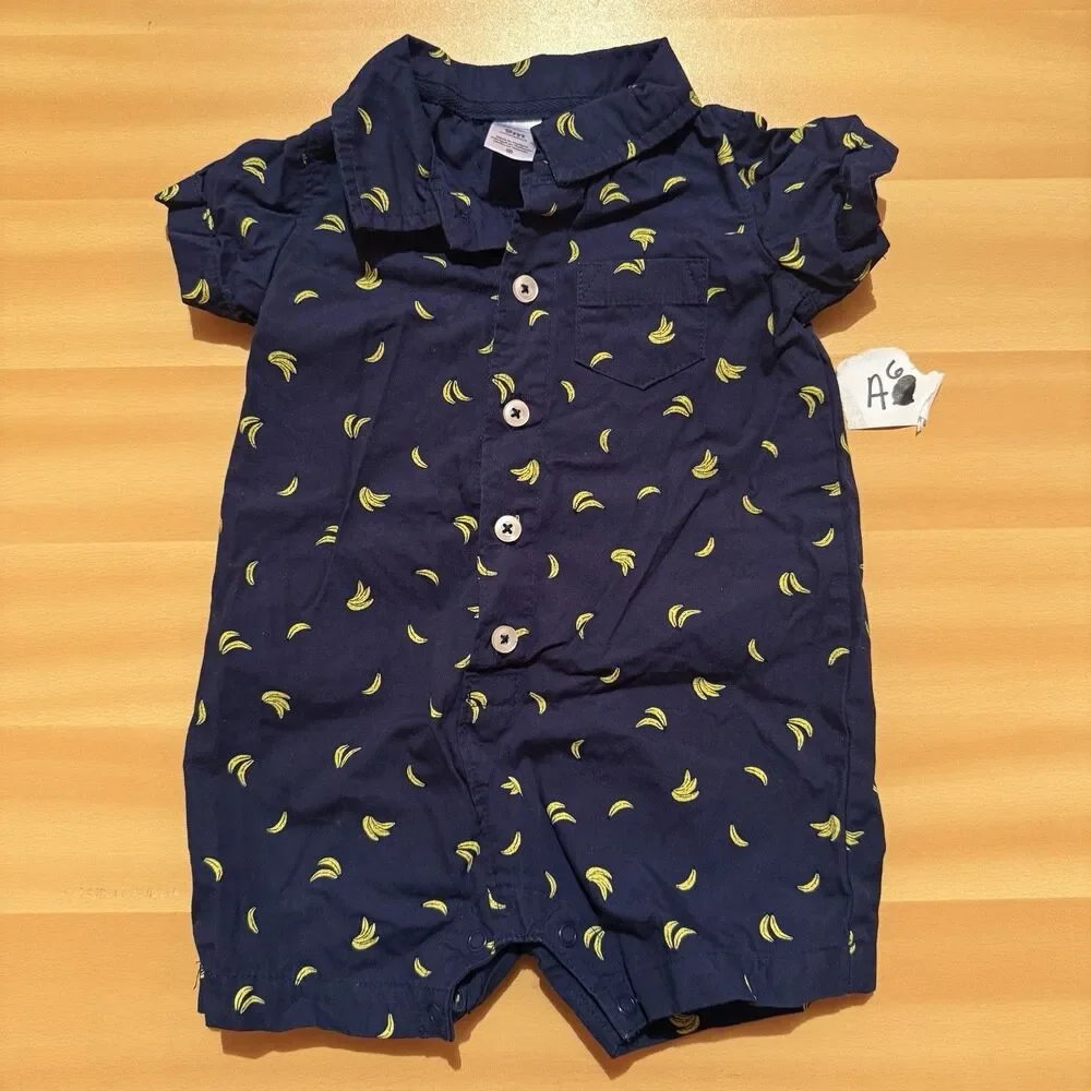 Carters Baby Romper 9 Months Blue Yellow Bananas Collared Button Up One Piece